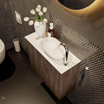 Mondiaz Fowy Toiletmeubel - 60x50x23cm - dark brown mat - 1 kraangat - wasbak rechts - 2 deuren - solid surface - blad Melamine - wasbak: wit