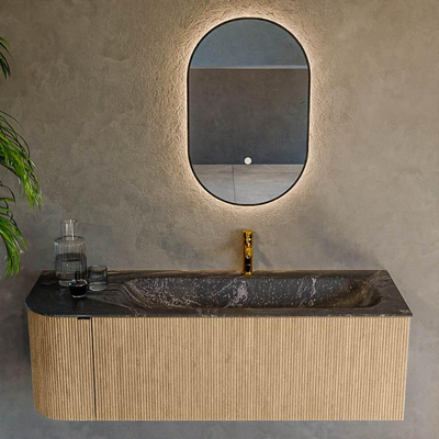 MONDIAZ KURVE-DLUX meuble de salle de bains 135cm avec module 25 L couleur chêne avec 1 tiroir et 1 porte. Lavabo BIG MEDIUM droite 1 trou de robinet couleur lave.