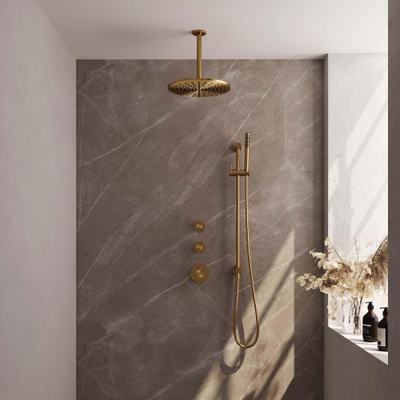 Brauer Gold Edition Ensemble de douche pluie encastré - douche principale 30cm - bras plafond 20cm - 3 boutons lisses - douchette à main 1 fonction - PVD - or brossé
