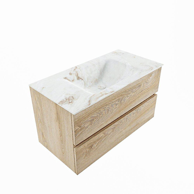 MONDIAZ VICA-DLUX Badkamermeubelset - 90cm - onderkast washed oak - 2 lades - inbouw wastafel cloud midden - 1 kraangat - 60cm hoge versie - frape
