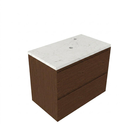 Saniclass Holz Pure Ensemble de meubles de salle de bains - 80x45x63cm - Plan vasque en marbre Dia poli (blanc) - 1 trou de robinet - 2 tiroirs - walnut pure mat (bois)