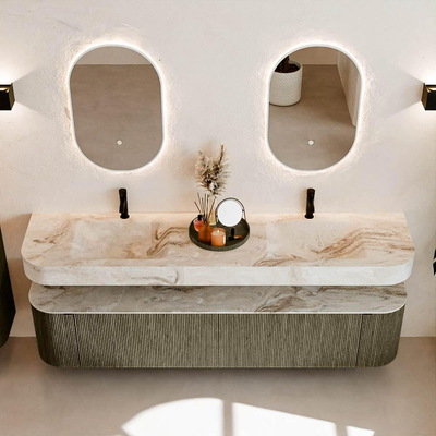 MONDIAZ THOR-DLUX 200cm meuble de salle de bains arrondi gauche + droite couleur Shadow avec 2 tiroirs et 2 portes. Vasque suspendue CLOUD Double 2 trous de robinet couleur Frappe.