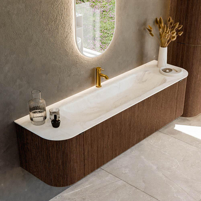 MONDIAZ KURVE-DLUX 170cm badmeubel met module 25 Len R kleur Walnut met 1 lade en 2 deuren. Wastafel BIG LARGE midden 1 kraangat kleur Ostra.