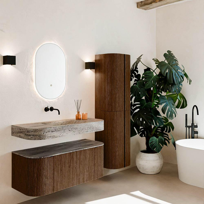 MONDIAZ THOR-DLUX 110cm badmeubel ronding links + rechts kleur Walnut met 1 lade en 2 deuren. Vrijhangende wastafel CLOUD Midden zonder kraangat kleur Oza.