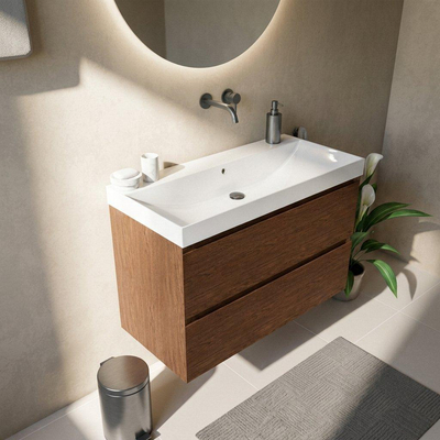 Saniclass Holz Pure Ensemble meuble de salle de bains - 100x45x67.5cm - lavabo Wave en céramique - 1 vasque - sans trou de robinet - 2 tiroirs - walnut pure mat (bois)