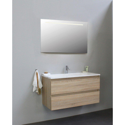 Basic Line Bella Badkamermeubelset - 100x55x46cm - 1 wasbak - Acryl - Wit - 1 kraangat - Wandspiegel met verlichting - Spaanplaat Eiken