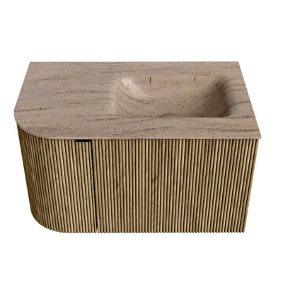 MONDIAZ KURVE-DLUX meuble de salle de bains 75cm arrondi à gauche couleur Dusk avec 1 tiroir et 1 porte. Lavabo GRUNNE à droite sans trou de robinet Saba.