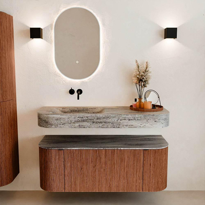 MONDIAZ THOR-DLUX Meuble de salle de bains 120cm arrondi gauche + droite couleur Ruby avec 1 tiroir et 2 portes. Vasque suspendue CLOUD Gauche sans trou de robinet couleur Oza.