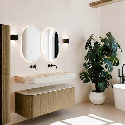 MONDIAZ THOR-DLUX 130cm meuble de salle de bains arrondi gauche + droite couleur Dusk avec 1 tiroir et 2 portes. Vasque suspendue CLOUD Double sans trou de robinet couleur Nata.