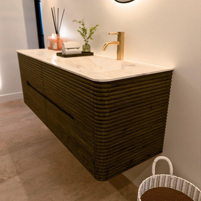 Mondiaz CIRO-DLUX Ensemble de meubles de salle de bains - 140x45x50cm - Plan vasque solid surface Ostra - 1 lavabo à droite - 1 trou de robinet - 4 tiroirs - Shadow