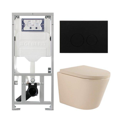 QeramiQ Dely Pack WC - 36,3x51,7cm - à fond creux - sans bride - réservoir encastré Geberit UP320 - abattant WC softclose 35 mm - plaque de commande en métal noir mat - boutons ronds - beige mat