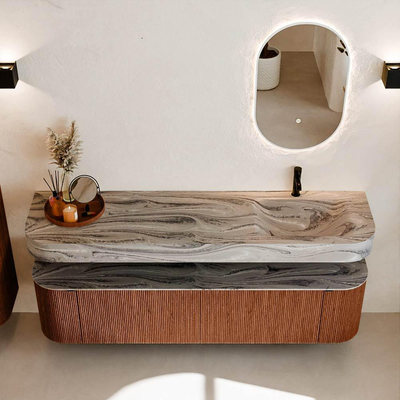 MONDIAZ THOR-DLUX Meuble de salle de bains 180cm arrondi gauche + droite couleur Ruby avec 2 tiroirs et 2 portes. Vasque suspendue CLOUD Droite 1 trou de robinet couleur Sombra.