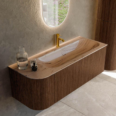 MONDIAZ KURVE-DLUX 125cm badmeubel ronding Links kleur Walnut met 1 lade en 1 deur. Wastafel BIG MEDIUM Rechts 1 kraangat Arena.