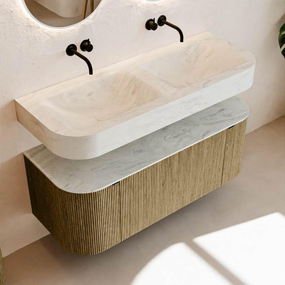 MONDIAZ THOR-DLUX Meuble de salle de bains - 120cm - arrondi gauche + droite - couleur Dusk - 1 tiroir - 2 portes - Vasque suspendue CLOUD Double sans trou de robinet - couleur Opalo