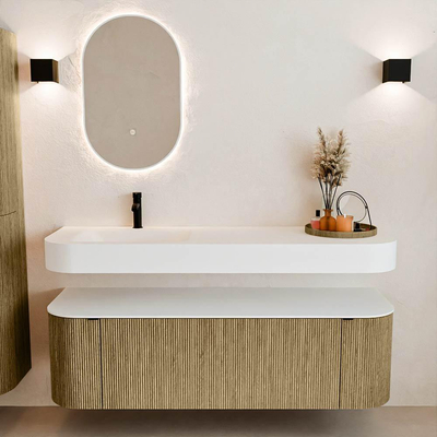 MONDIAZ THOR 150cm meuble de salle de bains arrondi gauche + droite couleur Dusk avec 1 tiroir et 2 portes. Vasque suspendue CLOUD gauche 1 trou de robinet couleur Talc.