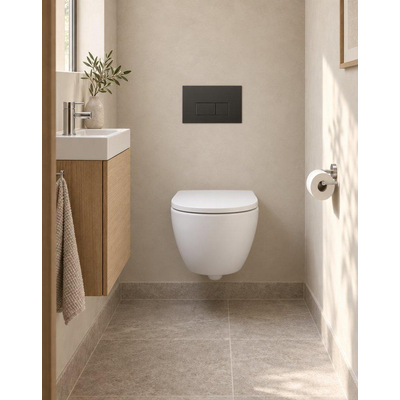 QeramiQ Dely Swirl Compact Toiletset - inbouwreservoir Geberit UP320 - met Burda frame - 25mm zitting - metalen bedieningsplaat mat zwart - rechthoekige knoppen - mat wit