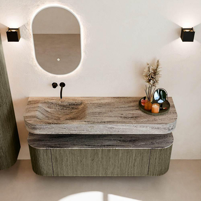 MONDIAZ THOR-DLUX 150cm meuble de salle de bains arrondi gauche + droite couleur Shadow avec 1 tiroir et 2 portes. Vasque suspendue CLOUD Gauche sans trou de robinet couleur Oza.