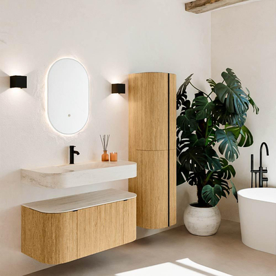 MONDIAZ THOR-DLUX 100cm badmeubel ronding links + rechts kleur Oak met 1 lade en 2 deuren. Vrijhangende wastafel CLOUD Midden 1 kraangat kleur Meli.