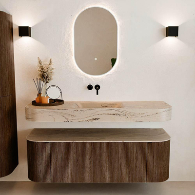 MONDIAZ THOR-DLUX 140cm badmeubel ronding links + rechts kleur Walnut met 1 lade en 2 deuren. Vrijhangende wastafel CLOUD Midden zonder kraangat kleur Arena.