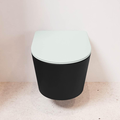 Mondiaz LAVIE hangtoilet – spoelrandloos – 36 x 53 cm – met softclose zitting – Urban (zwart), zitting Greey (lichtgroen/grijs)