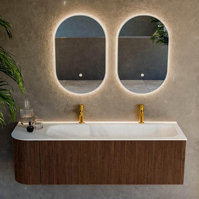 MONDIAZ KURVE meuble de salle de bains 145 cm avec module 25 L couleur Walnut avec 1 tiroir et 1 porte. Lavabo BIG LARGE à droite 2 trous de robinet Talc.