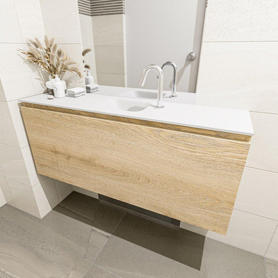 MONDIAZ OLAN Kit lave-mains - 120x30x40cm - 1 trou de robinet - 1 tiroir - chêne blanchi mat - lavabo centré - Solid Surface Blanc