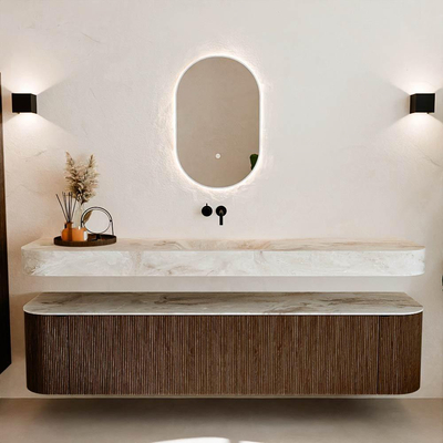 MONDIAZ THOR-DLUX 200cm meuble de salle de bains arrondi gauche + droite couleur Walnut avec 2 tiroirs et 2 portes. Vasque suspendue CLOUD Milieu sans trou de robinet couleur Frappe.