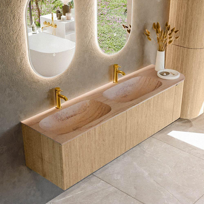 MONDIAZ KURVE-DLUX 165cm badmeubel ronding Rechts kleur Oak met 2 lades en 1 deur. Wastafel STOR SMALL Dubbel / Links 2 kraangaten Saba.