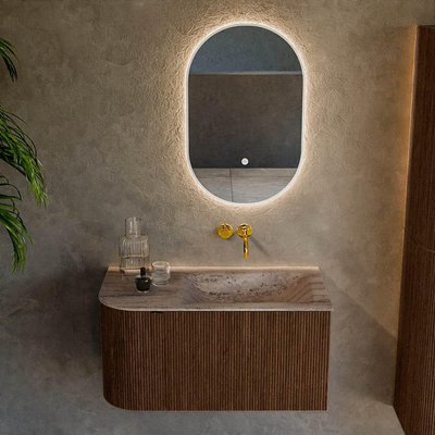 MONDIAZ KURVE-DLUX Meuble de salle de bains 85cm arrondi à gauche couleur Walnut avec 1 tiroir et 1 porte. Lavabo CLOUD à droite sans trou de robinet Oza.