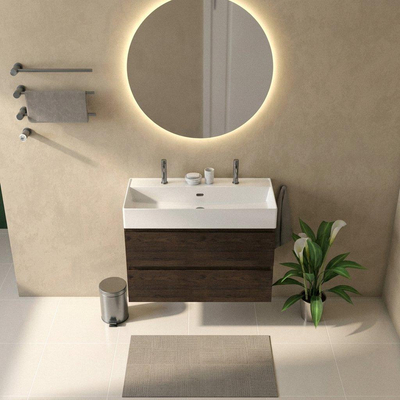 Saniclass Holz Pure Ensemble de meuble de salle de bains - 100x45x72cm - vasque en céramique Legend blanche - 1 vasque - 2 trous de robinetterie - 2 tiroirs - chêne charcoal mat (bois)