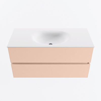 MONDIAZ VICA Ensemble meuble de salle de bains - 100cm - meuble bas rosee - 2 tiroirs - lavabo moon centré - sans trous de robinetterie - version haute 60cm - talc