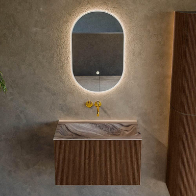 MONDIAZ KURVE-DLUX 70cm badmeubel kleur Walnut met 1 lade en 0 deuren. Wastafel BIG SMALL Midden zonder kraangat Sombra.