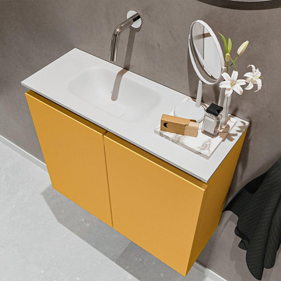 MONDIAZ TURE Toiletmeubel 60x23x50cm met 0 kraangaten 2 deuren ocher mat Wastafel Eden links Solid Surface Wit