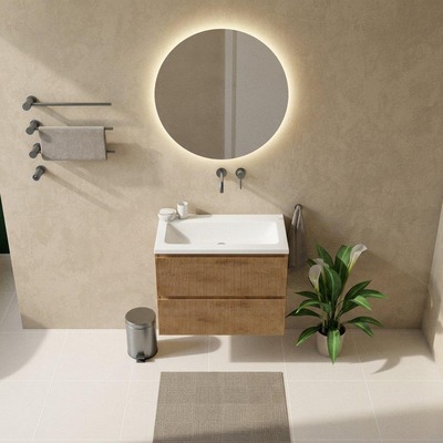 Saniclass Holz Atelier Ensemble de meubles de salle de bains - 80x45x77,5cm - lavabo Torino en solid surface blanc - sans trou de robinetterie - 2 tiroirs - chêne naturel mat (bois)