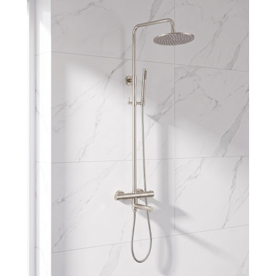 FugaFlow Eccelente Sobrado Regendoucheset - thermostatisch - 25cm hoofddouche - metalen slang - staaf handdouche - draaibare baduitloop - Geborsteld RVS PVD