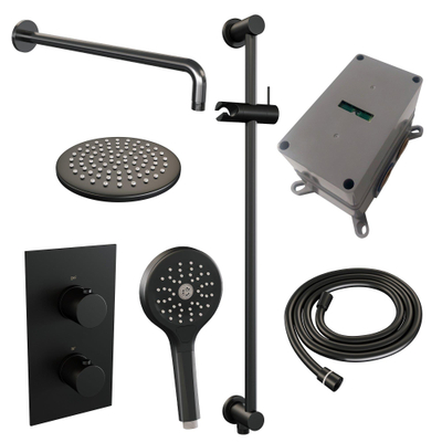 Brauer Black Edition Ensemble de douche pluie encastré - douche principale 20 cm - bouton lisse - douchette ronde 3 positions - barre de douche - noir mat