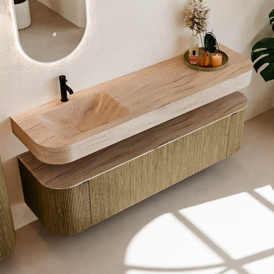 MONDIAZ THOR-DLUX 170cm meuble de salle de bains arrondi gauche + droite couleur Dusk avec 1 tiroir et 2 portes. Vasque suspendue CLOUD gauche 1 trou de robinet couleur Saba.