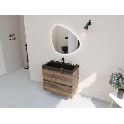 HR badmeubelen Infinity XXL 3D Ensemble meuble de salle de bains - 80 cm - 1 lavabo en céramique djazz noir mat - 1 trou de robinet - 2 tiroirs - charleston