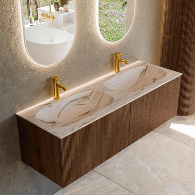 MONDIAZ KURVE-DLUX 140cm badmeubel kleur Walnut met 2 lades en 0 deuren. Wastafel STOR SMALL Dubbel 2 kraangaten Nata.