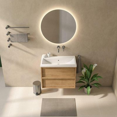 Saniclass Holz Frame Ensemble de meubles de salle de bains - 80x45x63.5cm - lavabo en céramique Bari blanc - 1 vasque - sans trou de robinetterie - 2 tiroirs - chêne naturel mat (bois)