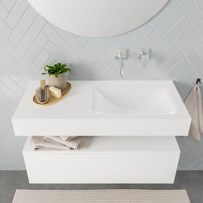 MONDIAZ ALAN 100cm - meuble bas - 1 tiroir - lavabo suspendu - vasque à droite - 0 trous de robinet - talc