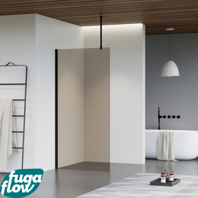 FugaFlow Eccelente Vetro douche à l'italienne salle de bain - 90x200cm - verre fumé - bras plafond - noir mat -