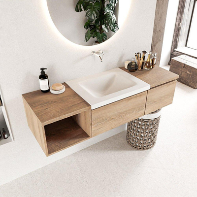 MONDIAZ BUKLA 140cm ensemble de meuble avec module ouvert 40 gauche couleur Chêne blanchi avec 2 tiroirs. Lavabo CLOUD centre 0 trous de robinet couleur Talc.