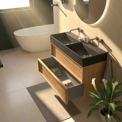 Saniclass Holz Frame Ensemble de meubles de salle de bains - 120x45x72cm - Legend lavabo en céramique noir mat - 2 vasques - sans trous de robinetterie - 2 tiroirs - chêne natural mat (bois)