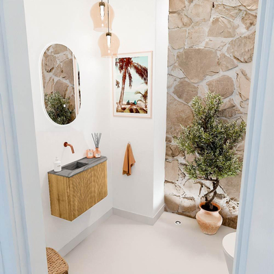 Mondiaz JOYA-DLUX 61.6cm toiletmeubel - ronding rechts kleur Oak - Wastafel FAYE positie Links Zonder kraangat kleur Sombra.