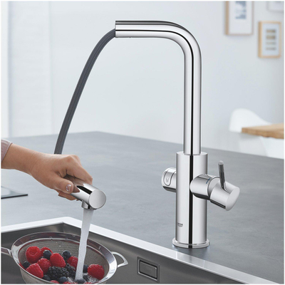 GROHE Blue Home Robinet de cuisine - bec en L extractible - monotrou - fonction de filtration - eau plate légère et pétillante - chrome
