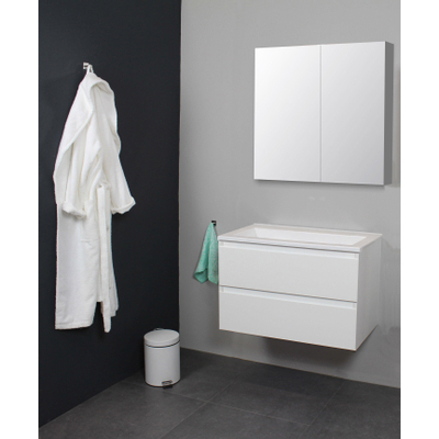Basic Bella Meuble avec lavabo acrylique sans trou de robinet 80x55x46cm avec armoire toilette à 2 portes gris Blanc brillant