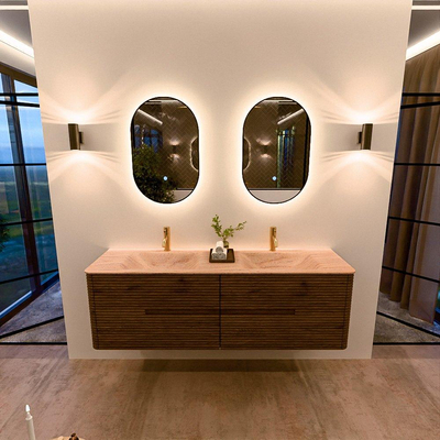 Mondiaz CIRO-DLUX Badkamermeubelset - 160x45x50cm - Solid surface wastafel Saba - 2 wasbak Dubbel - 2 kraangaten - 4 lades - Dusk