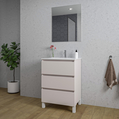 Saniclass Chaci PLUS Meuble de salle de bain - 60x86x46cm - lavabo en céramique blanc - 1 vasque - 1 trou de robinet - 3 tiroirs - miroir rectangulaire - mat cotton (beige)