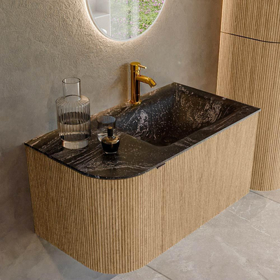 MONDIAZ KURVE-DLUX 85cm badmeubel met module 25 L kleur Oak met 1 lade en 1 deur. Wastafel CLOUD rechts 1 kraangat kleur Lava.